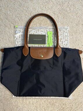 NWT Longchamp Original Medium Tablet Handbag Black Canvas Office Shoulder Tote L
